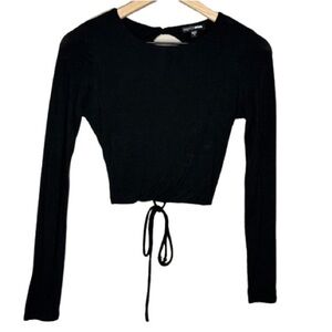 Women's S Fashion Nova Black Crop Open Tie Up Back Long Sleeve Scoop Neck